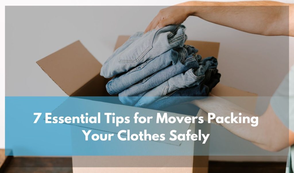 Professional movers packing clothes using wardrobe boxes and efficient folding techniques.